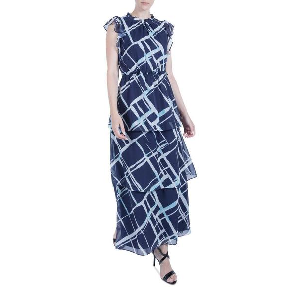 julia jordan Womens Flutter Sleeve Mock Neck Tiered Midi Dress Navy Size 10 NWT - Picture 1 of 1